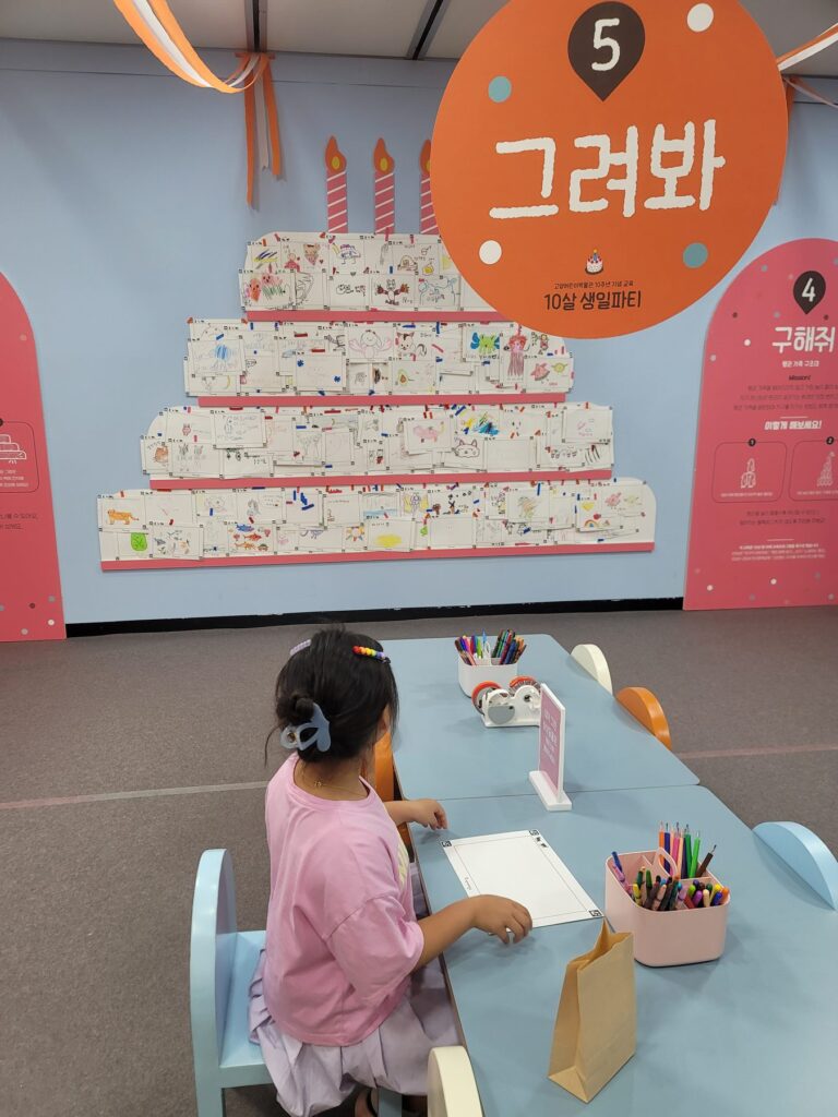 Child drawing at a table in front of a wall of children's drawings arranged as a birthday cake