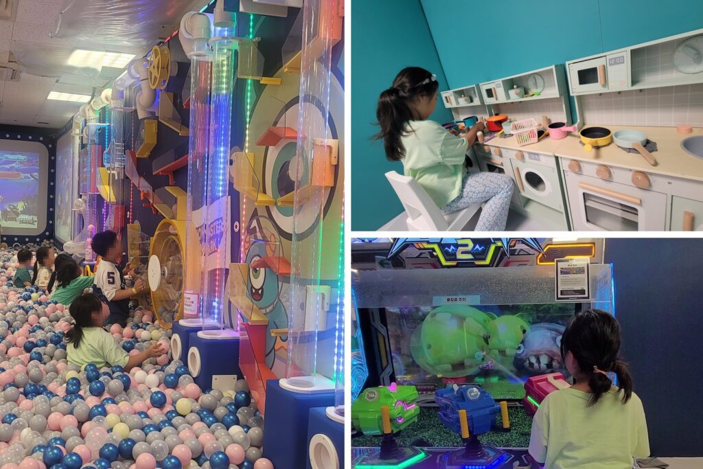 Ball pit, toy kitchen and arcade machines inside Monster Park kids cafe in Seoul