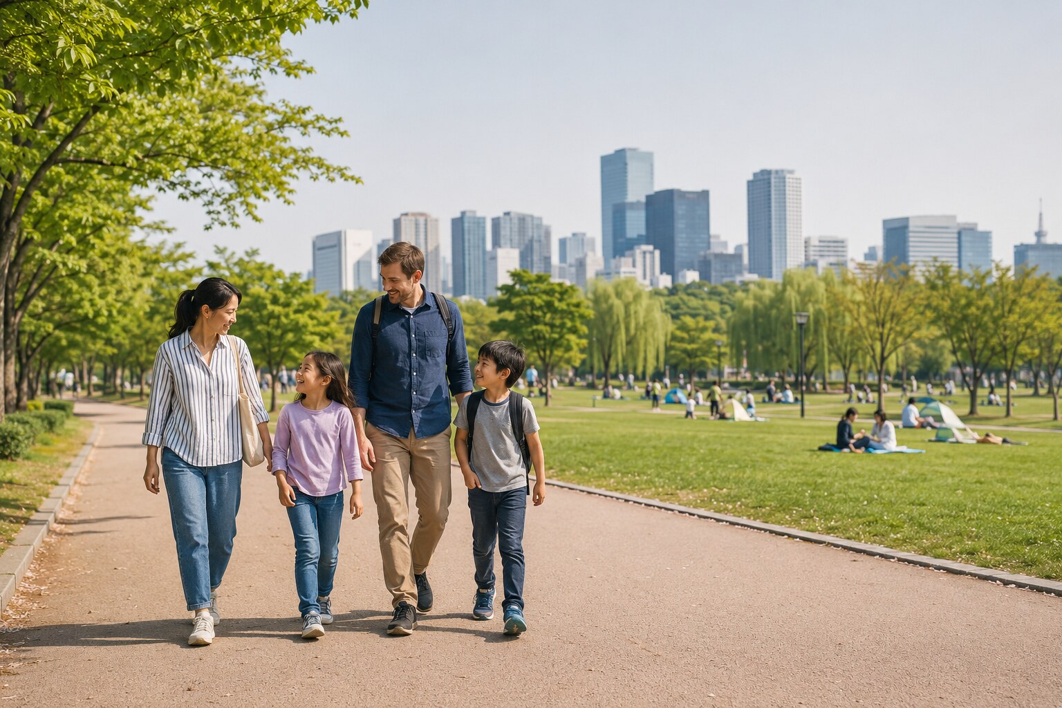 Family walking together in a green park in Seoul