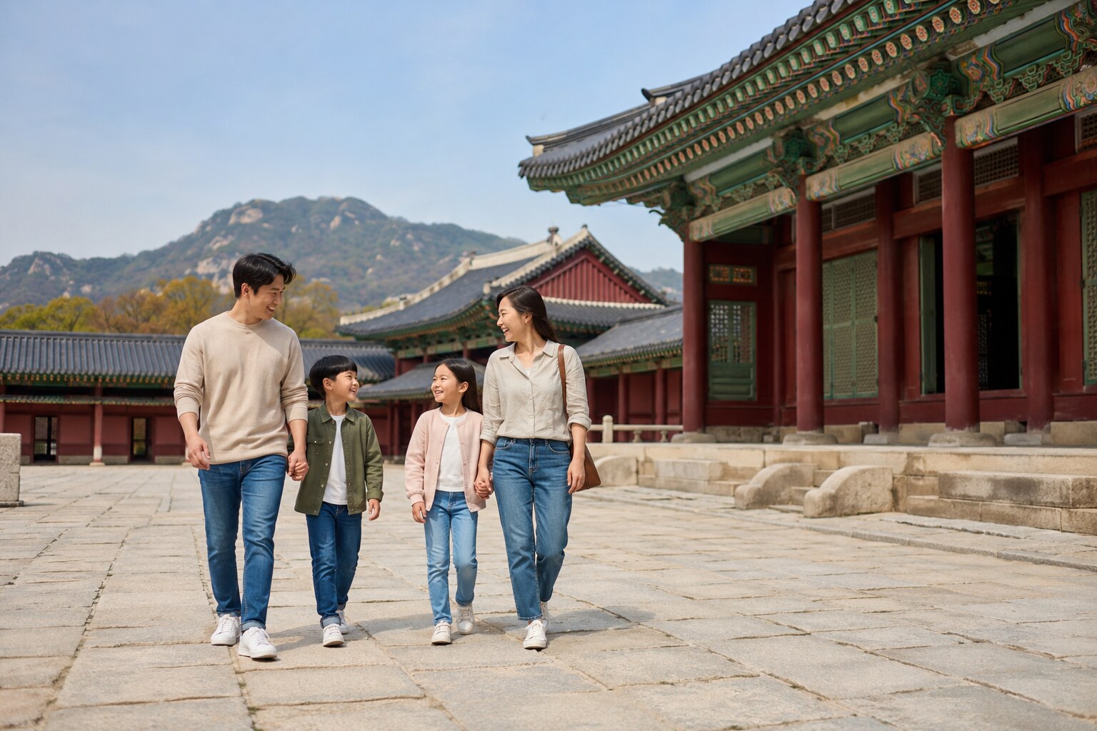 Family exploring a traditional Korean royal palace courtyard in Seoul
